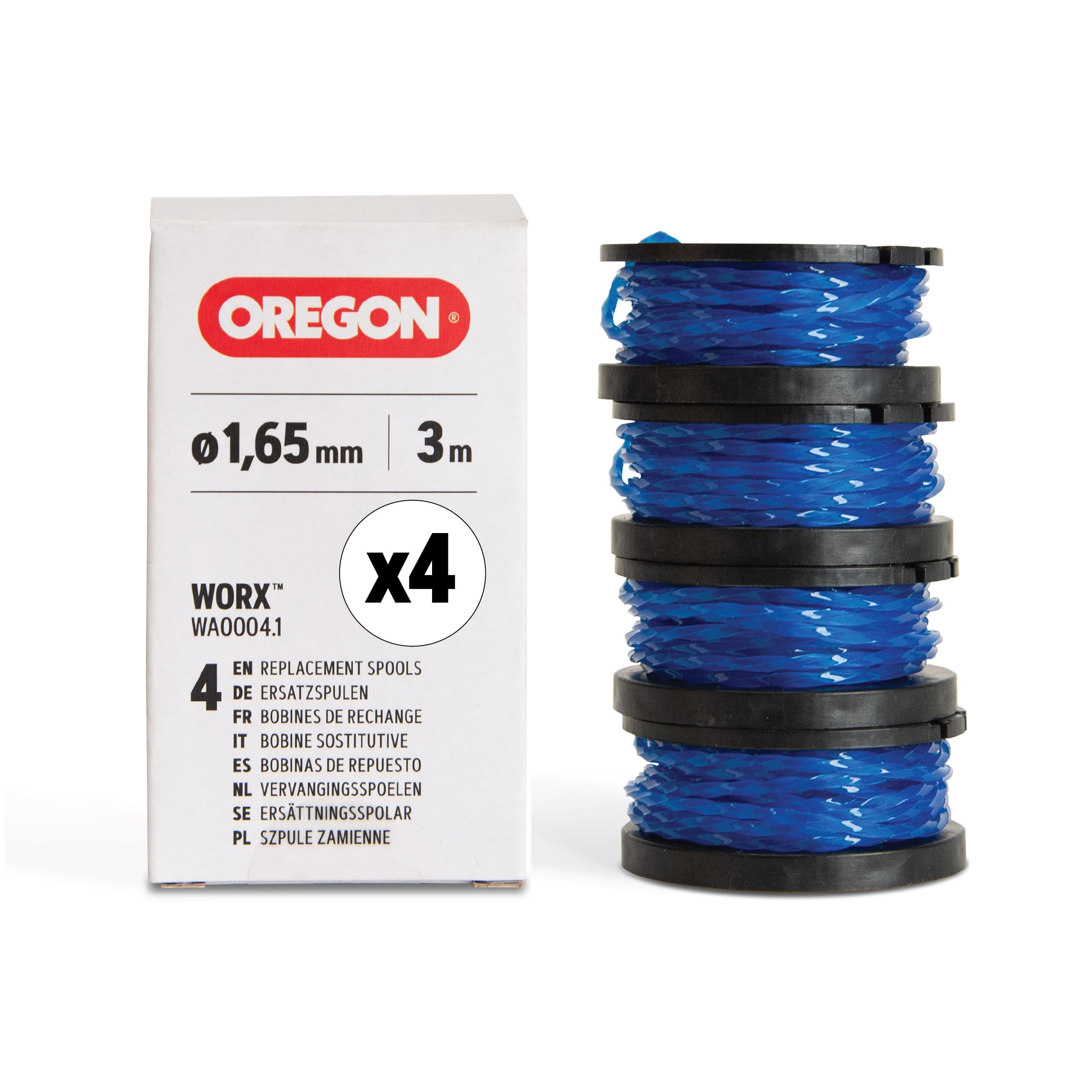 Oregon 4-Pack Replacement Worx Strimmer Spool & Line, Guaranteed Fit for WA0004.1, Fits Selected Worx Strimmers, Fitted with Premium Gatorline Square Twist Spool 1.65mm Strimmer Line