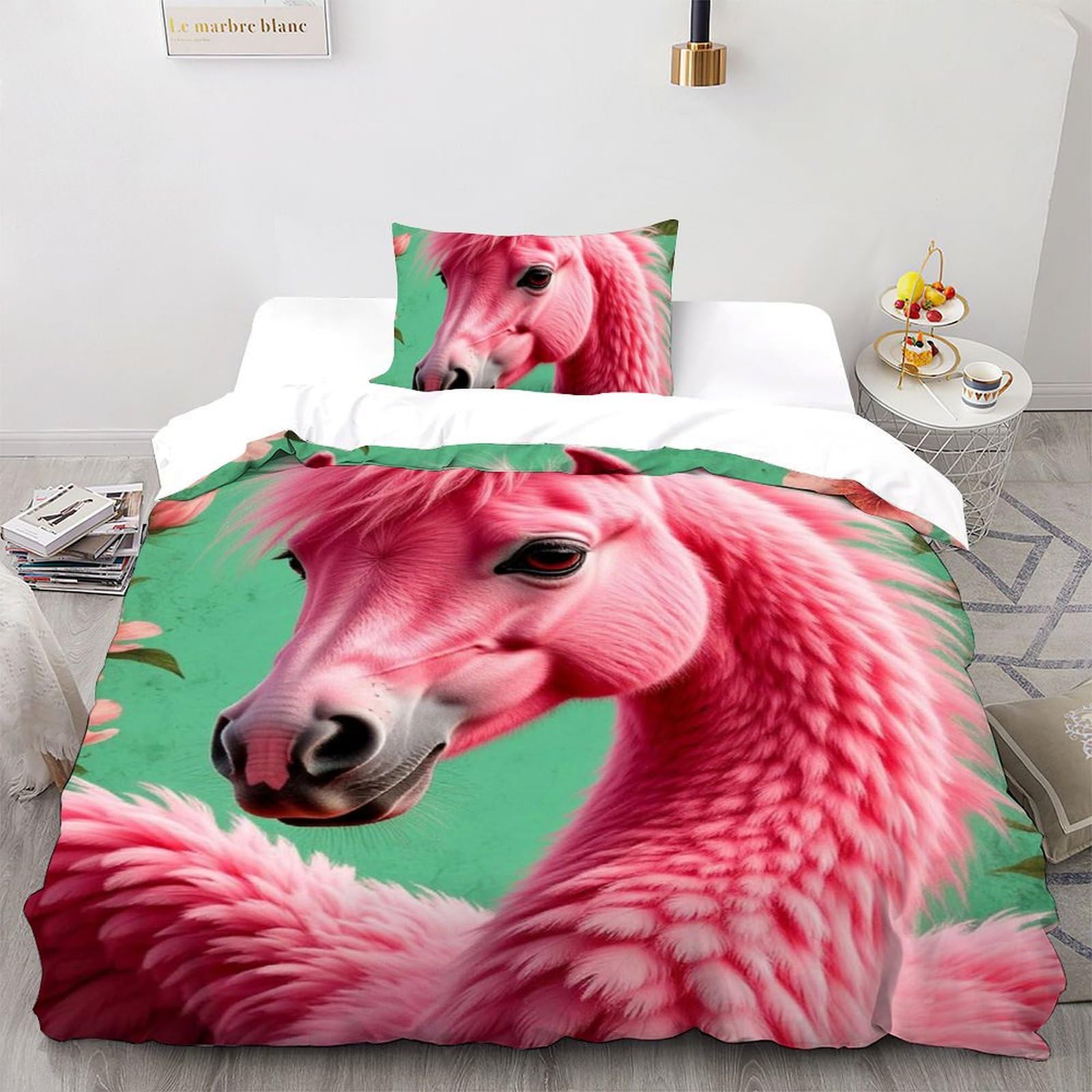 Housse de couette animaux imprimé 3D rose microfibre premium 135x200cm pour lit fille