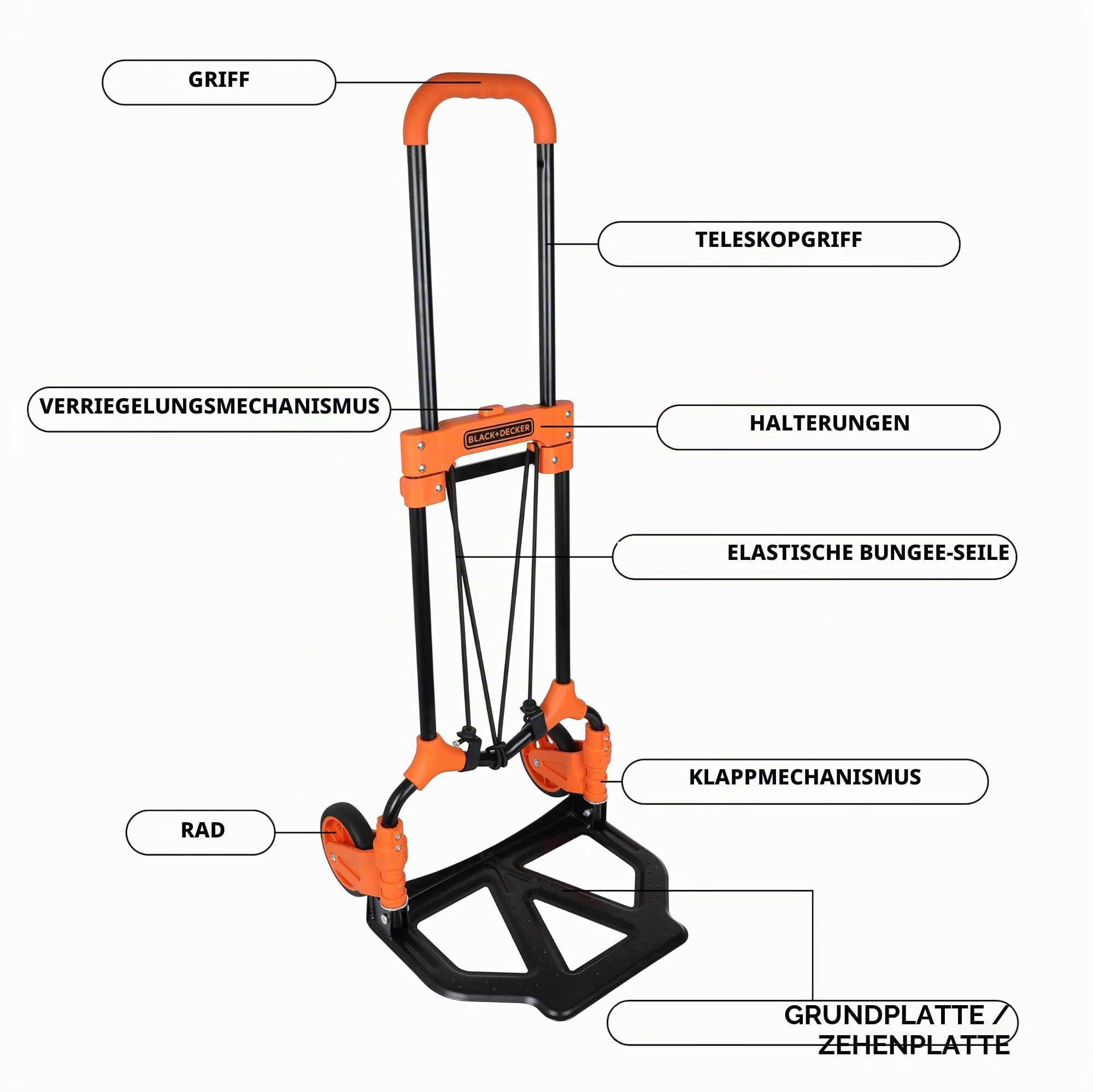 Black+Decker Sackkarre, zusammenklappbar, Schwarz/Orange, BXWT-H200, Schwarz – Orange., 65KG