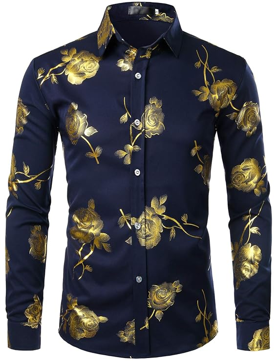 ZEROYAA Men's Golden Rose Print Party Shirt – Slim Fit Button Down For Nightclub, Medium