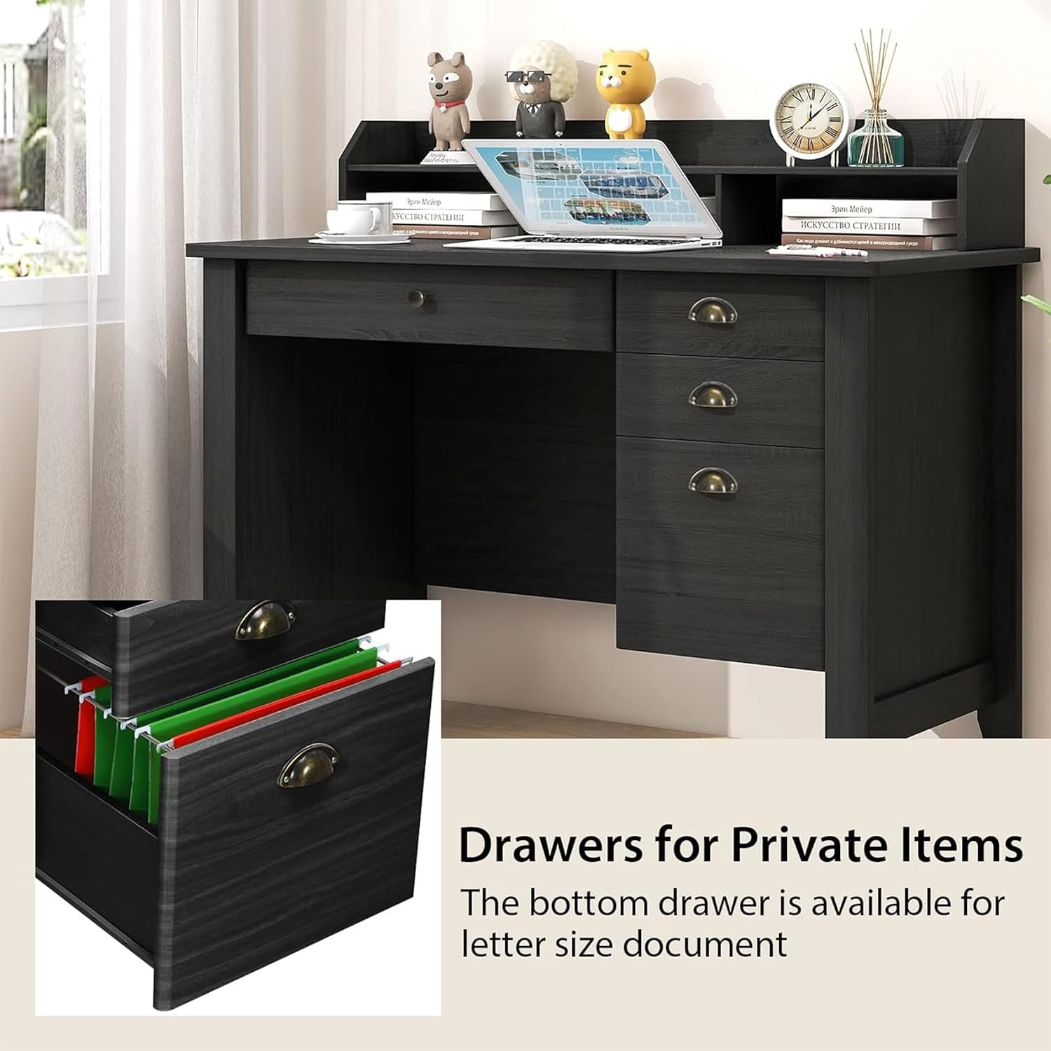 GOFLAME 48” Computer Desk with Hutch, Vintage Home Office Desk with Storage Drawers & Shelves, Space Saving Laptop PC Table, Wooden Study Writing Workstation, Black