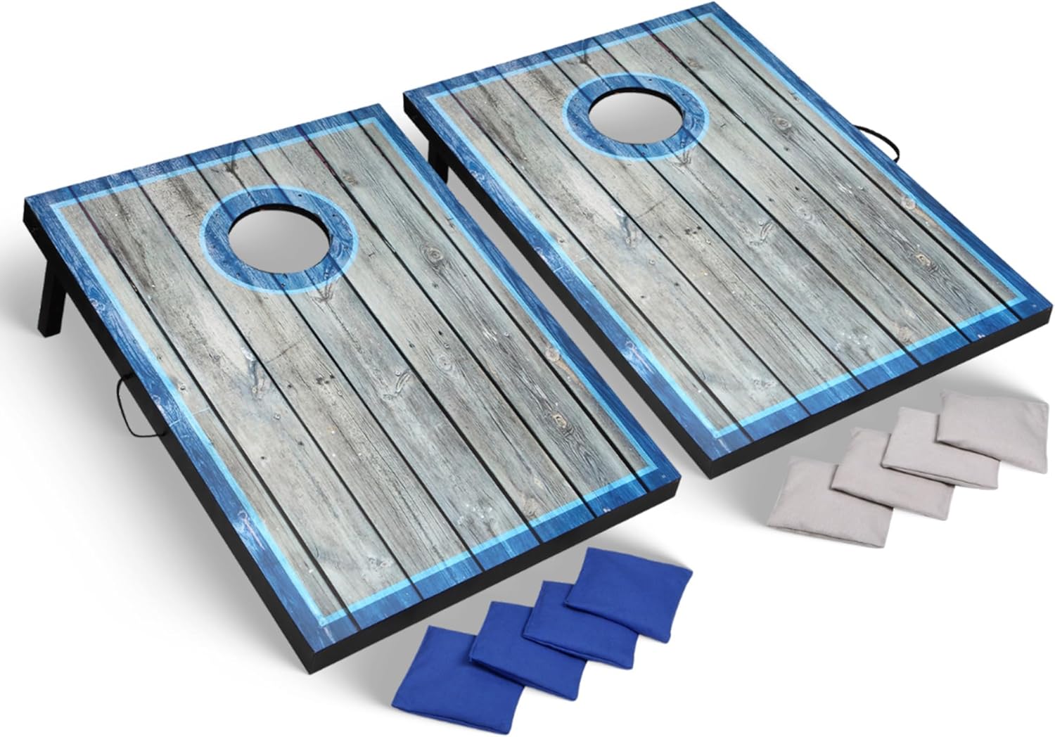 Hathaway Atlantic LED Cornhole Board Set – Includes 8 Rip-Resistant Bean Toss Bags & 2 Target Boards with Built-in Cornhole Lights & Nylon Carrying Bag for Portability – Blue/White