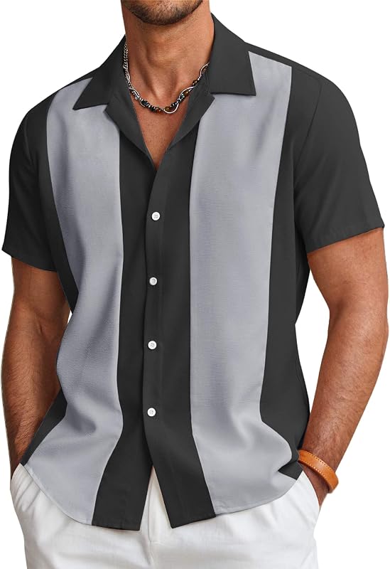 COOFANDY Men's Vintage Bowling Shirt Short Sleeve Button Down Summer Cuba Beach Shirts