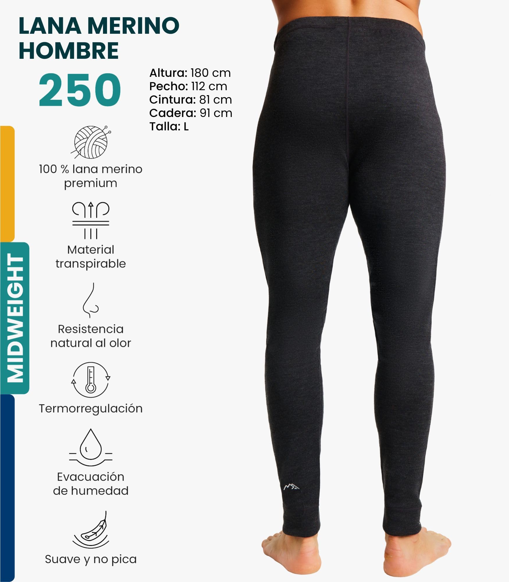 Merino.tech Pantalon Termico Lana Merino Hombre -100% Termica Lana Merino | Térmica para senderismo, esquí y outdoor. No pica, termorreguladora, antiolores