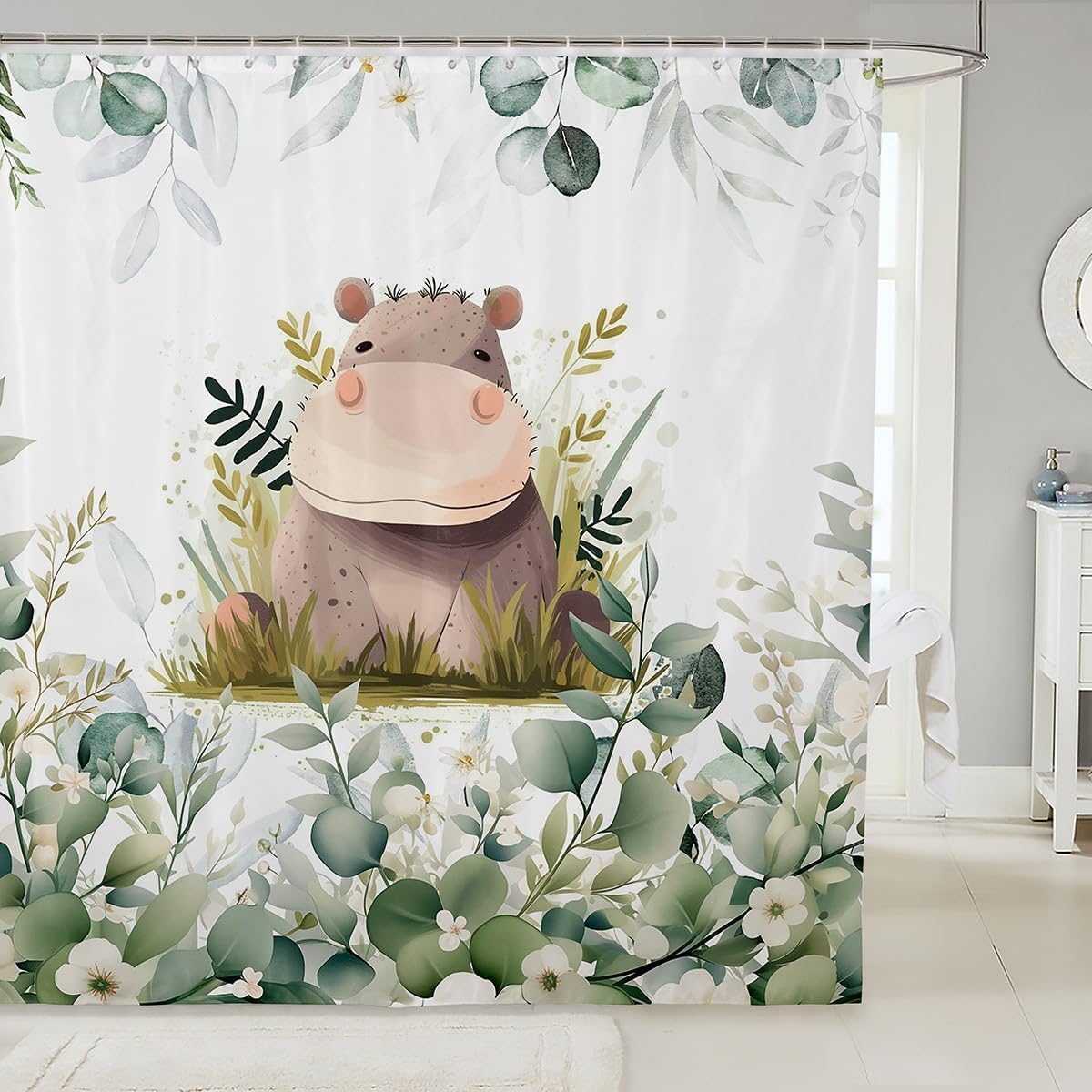 Erosebridal Cute Hippo Waterproof Bathroom Curtain for Kids Child Green Eucalyptus Bath Curtain, Woodland Animal Shower Curtain Botanical Plant Leaves Bathroom Curtains, Cartoon Wildlife Shower Set