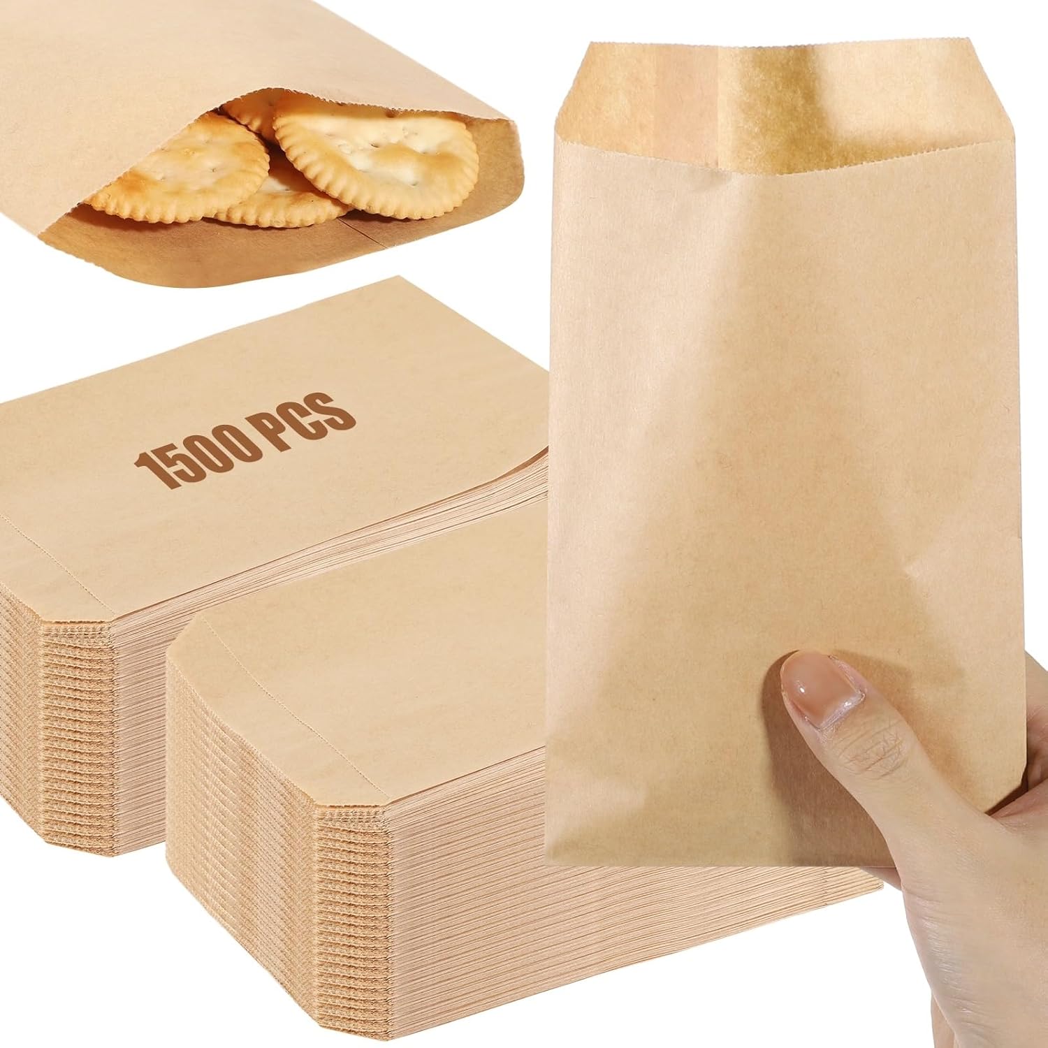 1500 PCS Mini Flat Kraft Paper Bags, 5.9 x 4.3 Inches Brown Paper Bakery Bag, Small Paper Lunch Bag, Kraft Paper Treat Bag, Oil Proof Party Favor Bag for Cookies, Chocolates, Candies, Snacks
