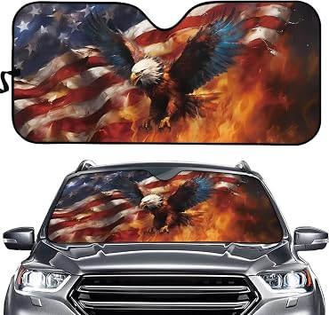 American Flag Eagle Car Windshield Sun Shade, Foldable Sunshade for Front Window, UV Reflector Sun Protection Auto Windshield Sun Shades Cover