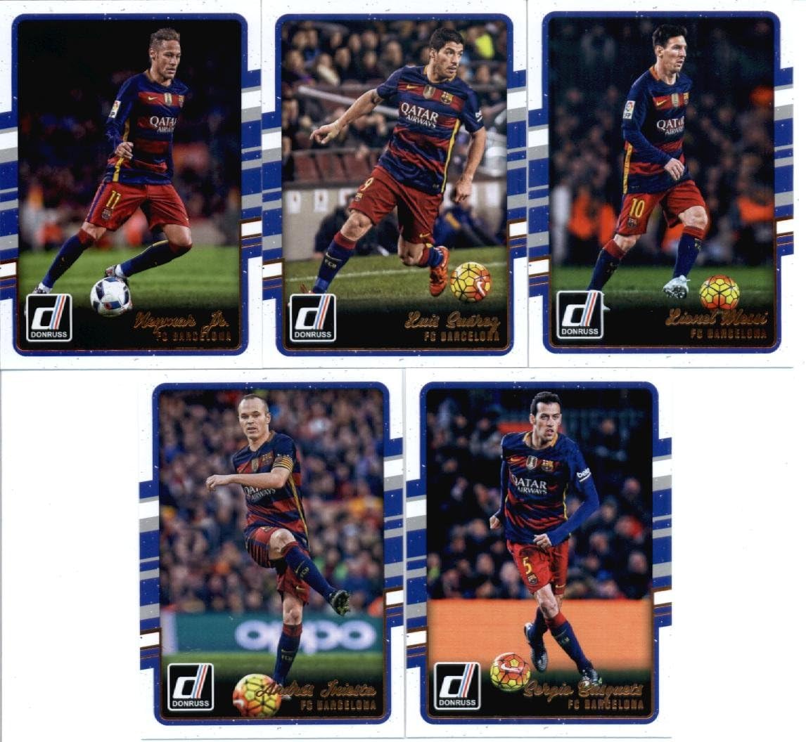 2016 Donruss Soccer FC Barcelona Team Set of 10 Cards SEALED in Protective Snap Case: Andres Iniesta(#22), Arda Turan(#23), Dani Alves(#24), Gerard Pique(#25), Ivan Rakitic(#26), Javier Mascherano(#27), Lionel Messi(#29), Luis Suarez(#30), Neymar Jr.(#31), Sergio Busquets(#32)