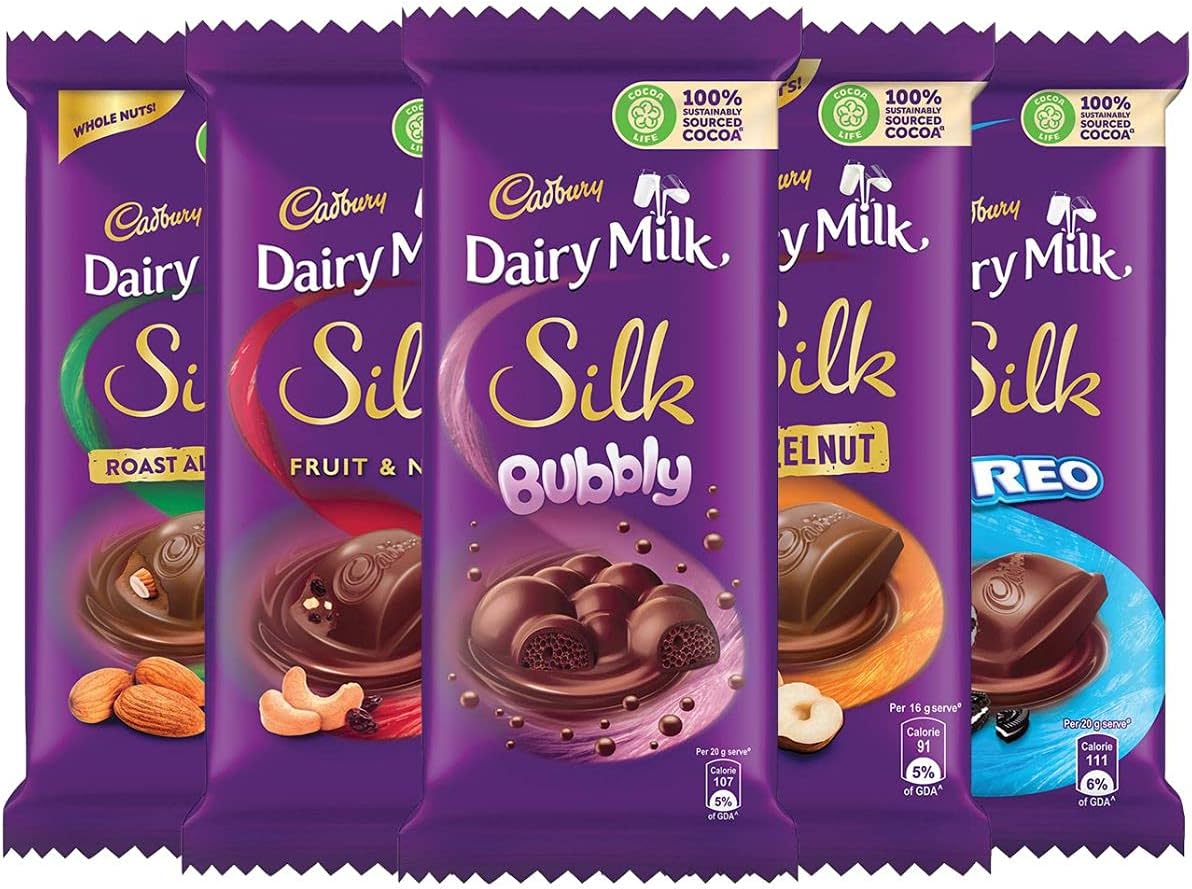 Cadbury Dairy Milk Silk Large Chocolates Combo (1 X Silk Oreo 130G, 1 X Silk Bubbly 120G, 1 X Silk Roast Almond 143G, 1 X Silk Fruit And Nut 137G And 1 X Silk Hazelnut 143 Gram)