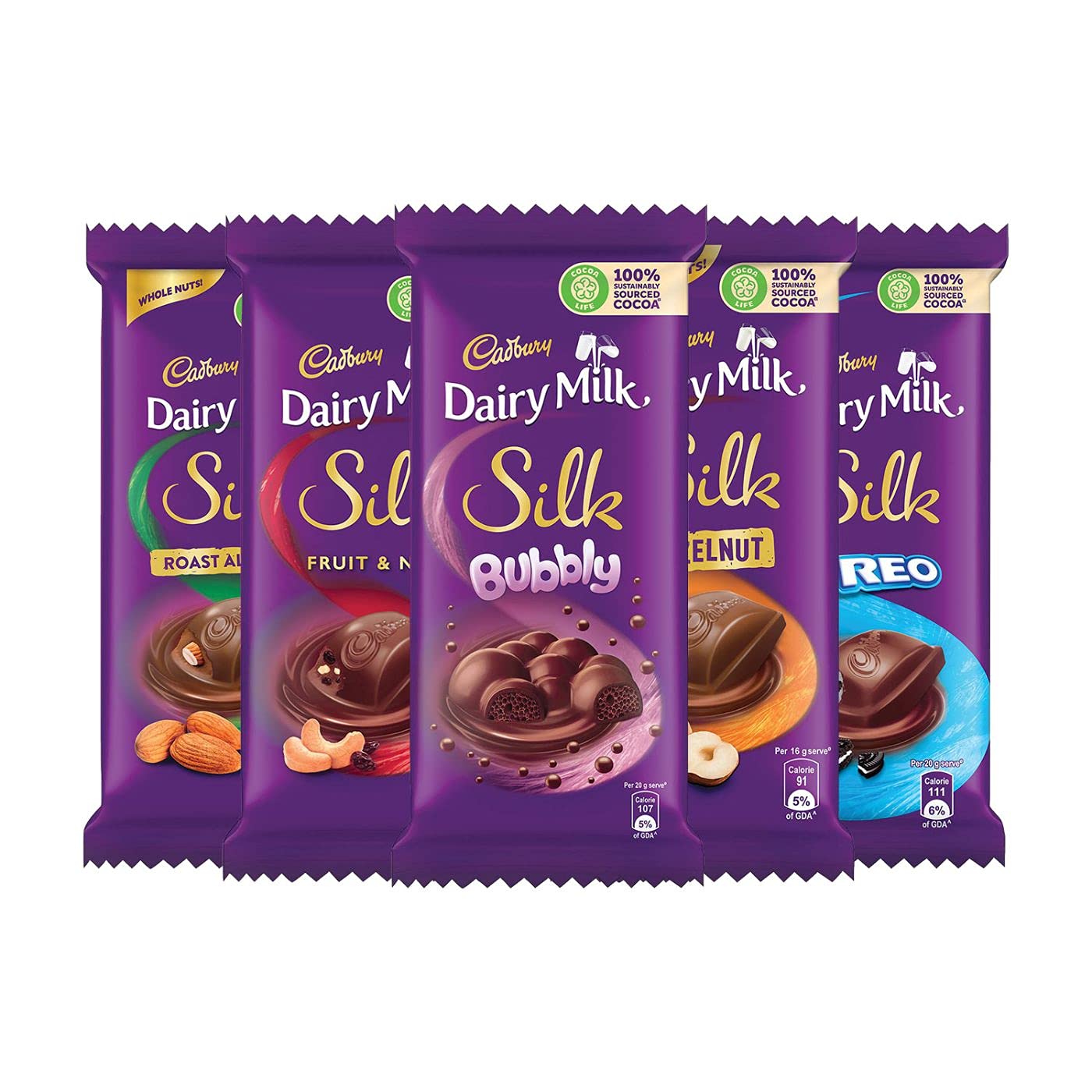 Cadbury Milk Silk Large Chocolate Combination (1 x Silk Oreo 130g, 1 x Silk Bubbly 120g, 1 x Silk Roast Almond 143g, 1 x Silk Fruit and Nut 137g and 1 x Silk Hazelnut 143g)