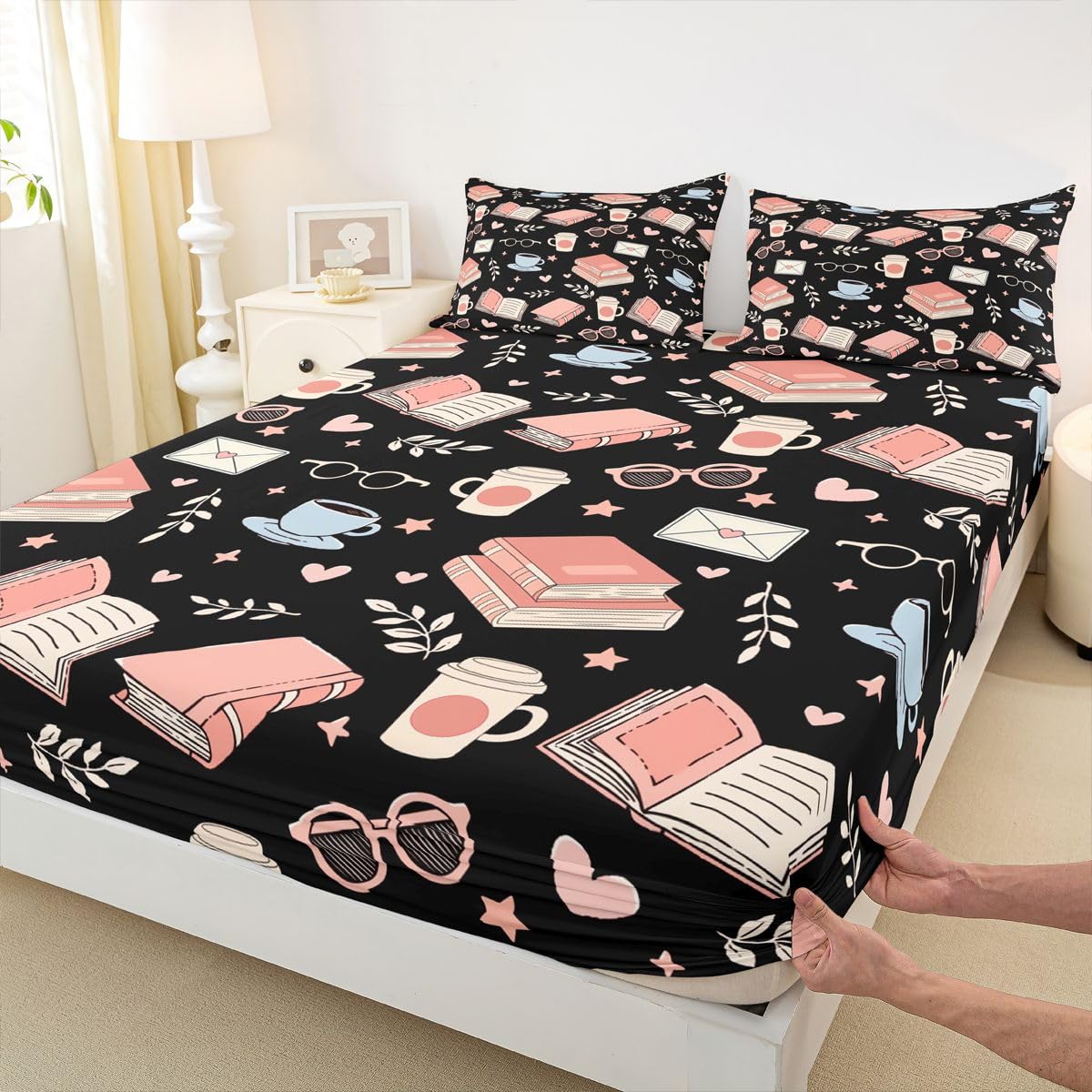 Homewish Czarno-różowe książki, prześcieradło z gumką w rozmiarze king size, urocze kubki do kawy i herbaty, głęboka kieszeń, 40 cm, romantyczne okulary, listy miłosne, zestaw pościeli z liśćmi