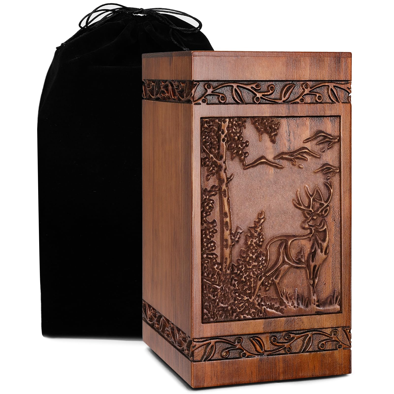 Wooden Cremation Urn for Human Wood Ashes Engraved Deer Decorative Box Funeral Urns for Adult Male Female with Velvet Bag Burial or Memorial Keepsake