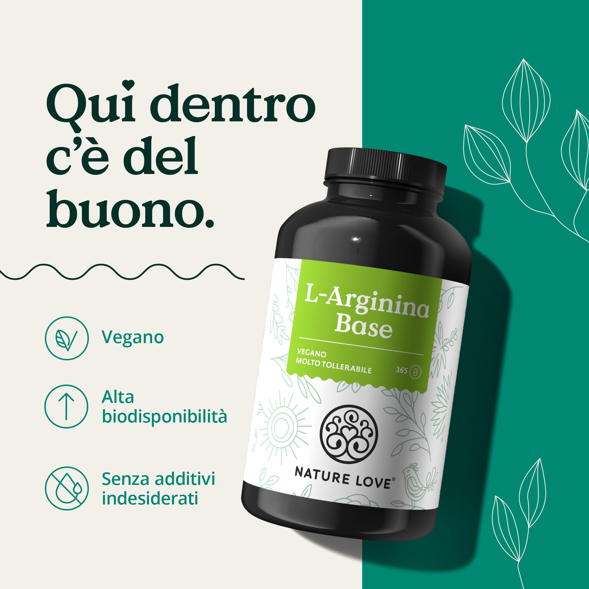 NATURE LOVE® L-arginina base con citrullina - 365 capsule - Arginina di origine vegetale di alta qualità in forma BASE con purezza 99,7+% - Ad alto dosaggio, vegana, prodotta in Germania