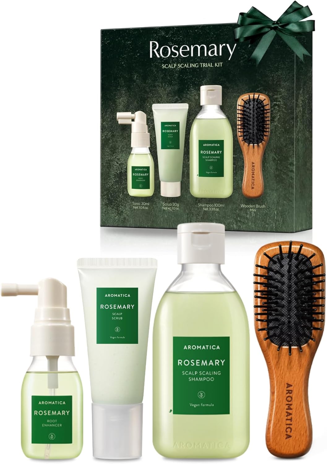 AROMATICA Rosemary Scalp Scaling Trial Kit – Travel Size Korean Hair Care Kit for Women with Mini Wooden Brush, Gentle Exfoliating Scalp Care for Hair Growth Product, with Rosemary Oil & Vegan Formula