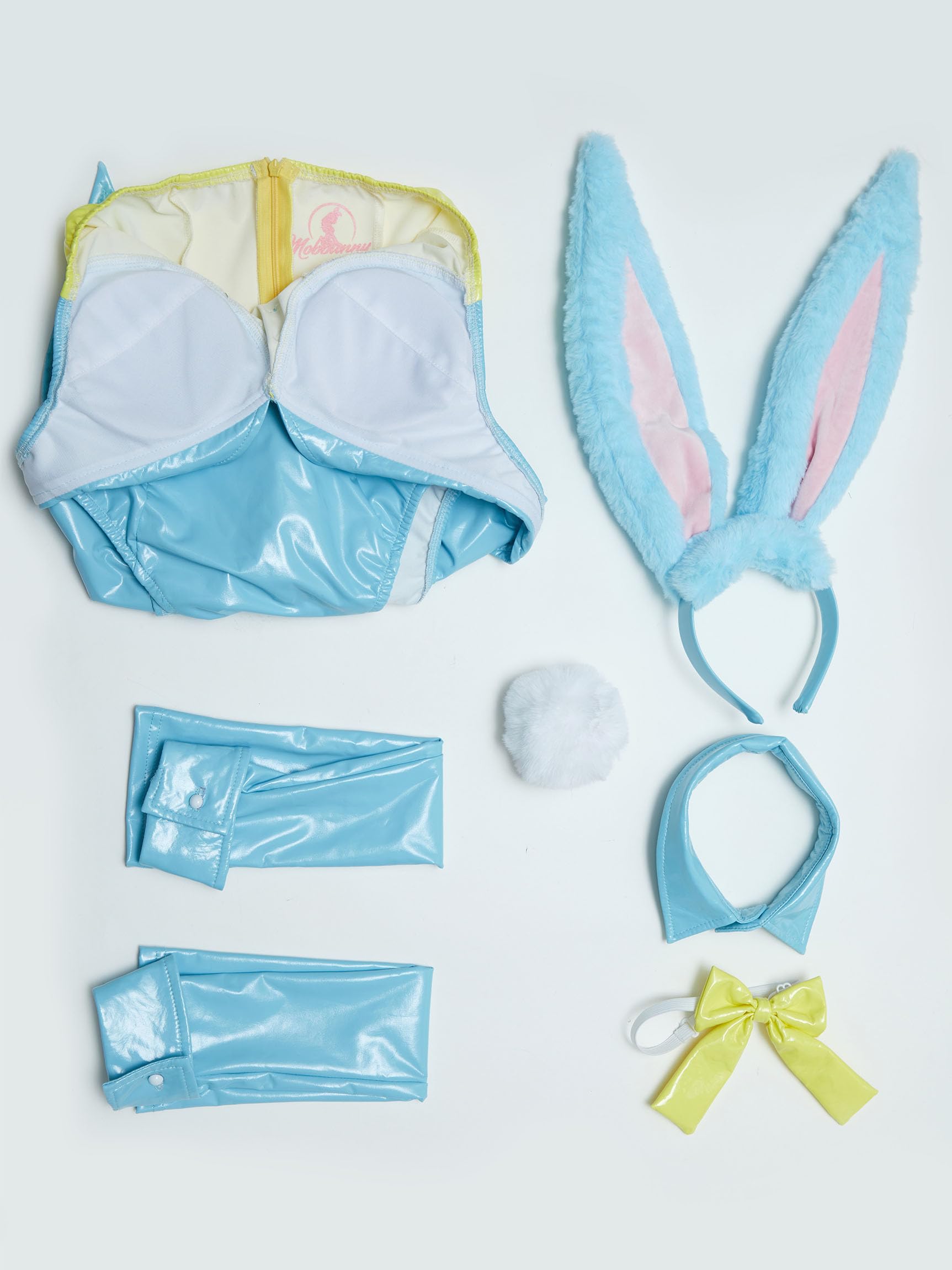 Mobbunny Women's Bunny Costume Easter Bunny Girl Bodysuit Rabbit One-Piece Jumpsuit Lingerie Set with Headband: Blue X-Large