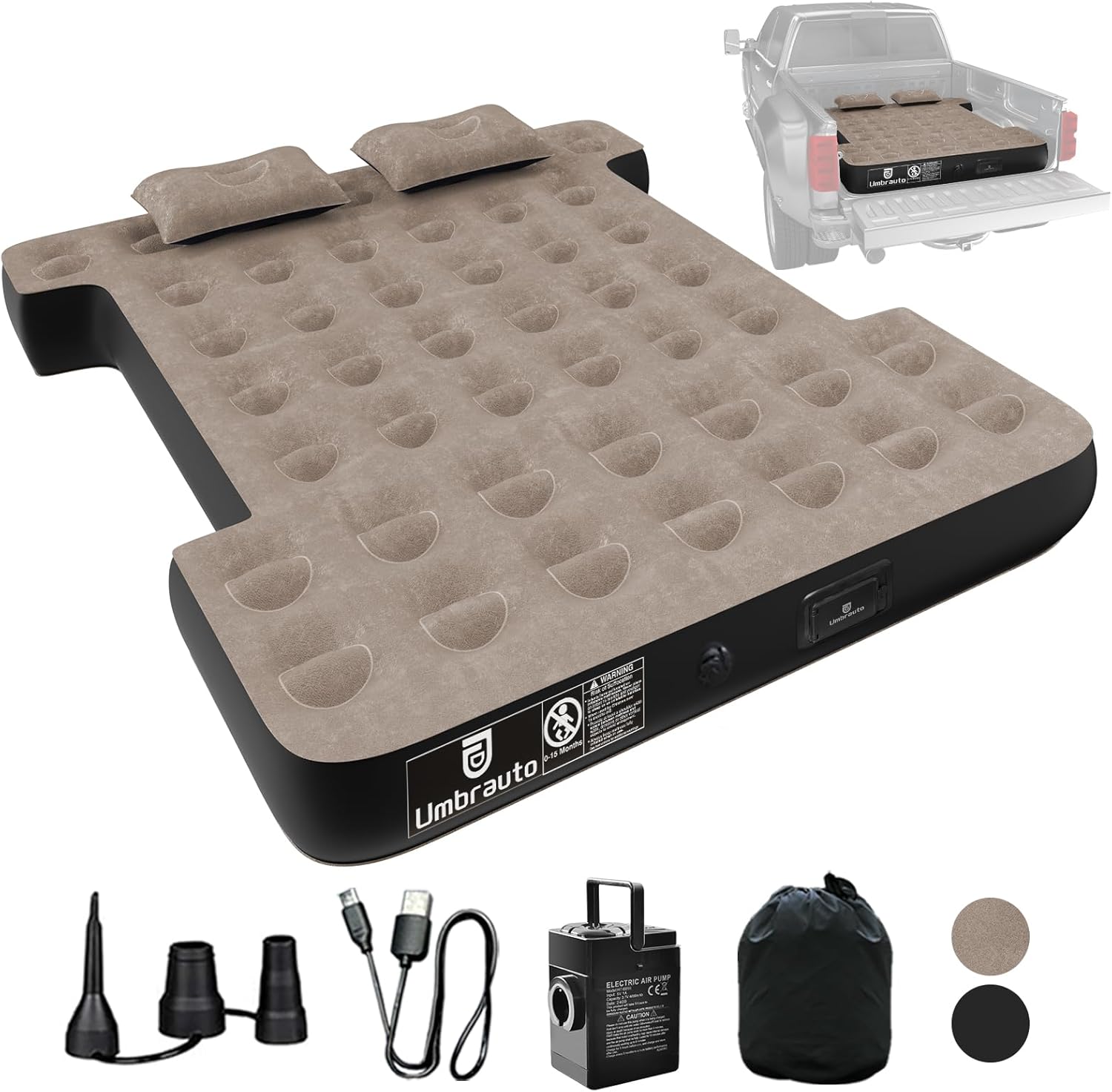 Umbrauto Built-in Pump Air Mattress for 5.5-5.8ft Full Size Short Truck Bed, Inflatable Camping Airbed with Rechargeable Cordless Pump for Truck Tent Camper
