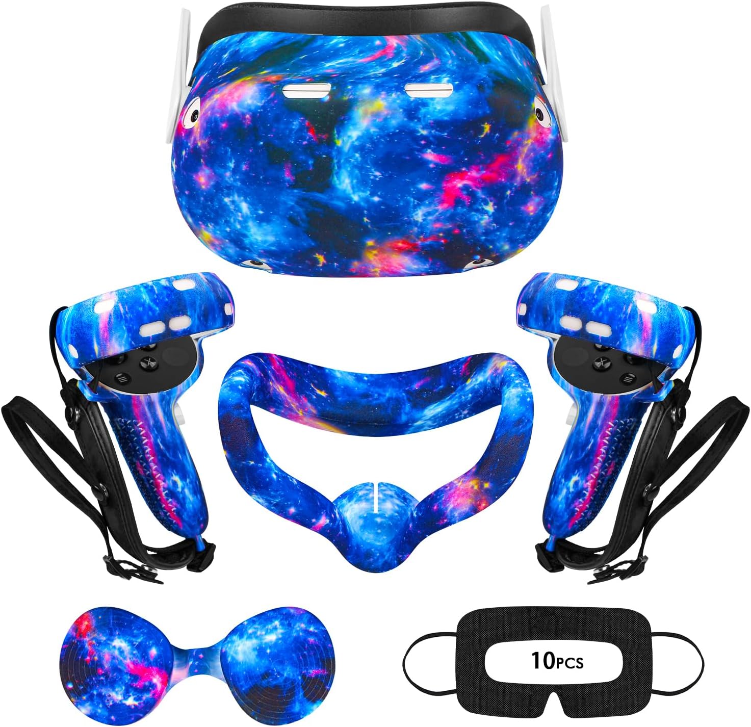 VR Accessories for Oculus Quest 2, 4 in 1 Silicone Set for Meta Quest 2, Include Face Cover, Controller Grip Cover, Shell Cover, Lens Cover & 10PCS Disposable Eye Cover (for Quest 2, Galaxy)