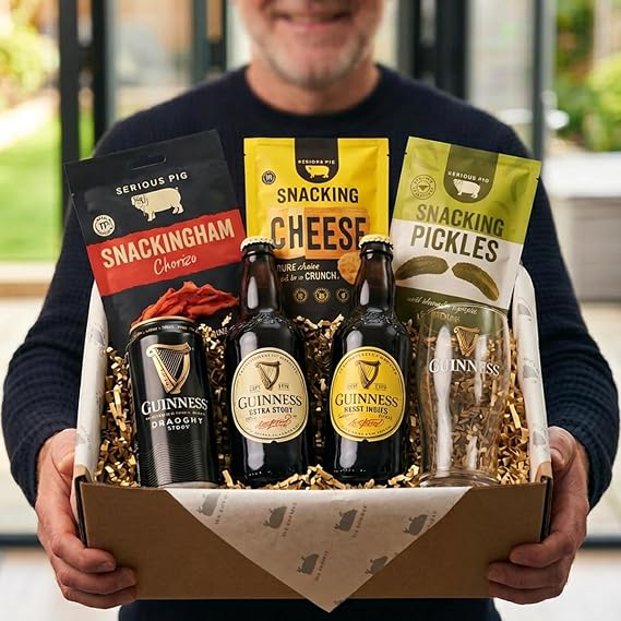Serious Pig + Guinness Gift Set with Official Guinness Glass and Gourmet Pub Snacks (10 Pack)