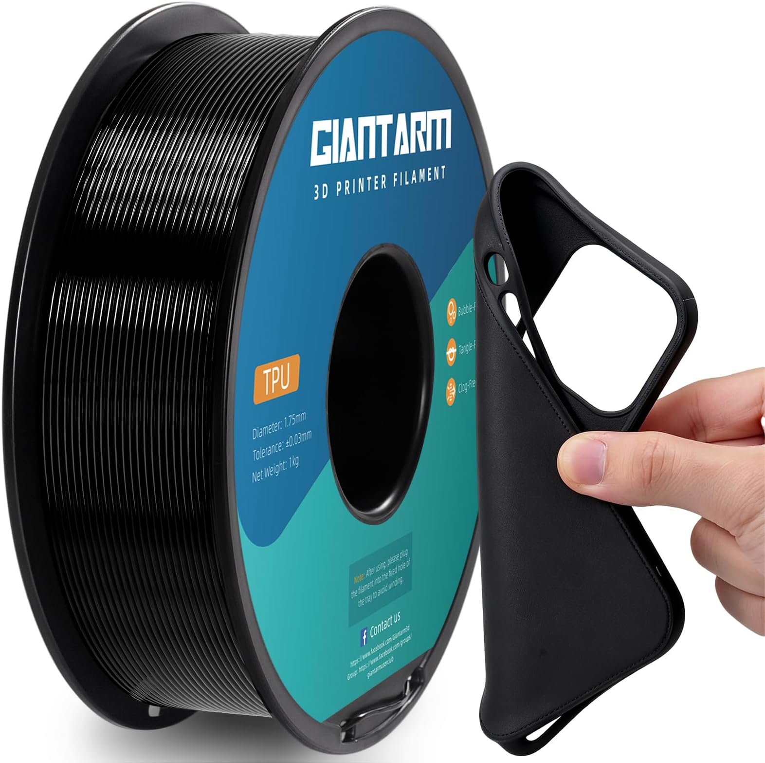 GIANTARM 95A TPU 3D Printer Filament 1.75mm, 1kg Spool, Black, +/- 0.03mm