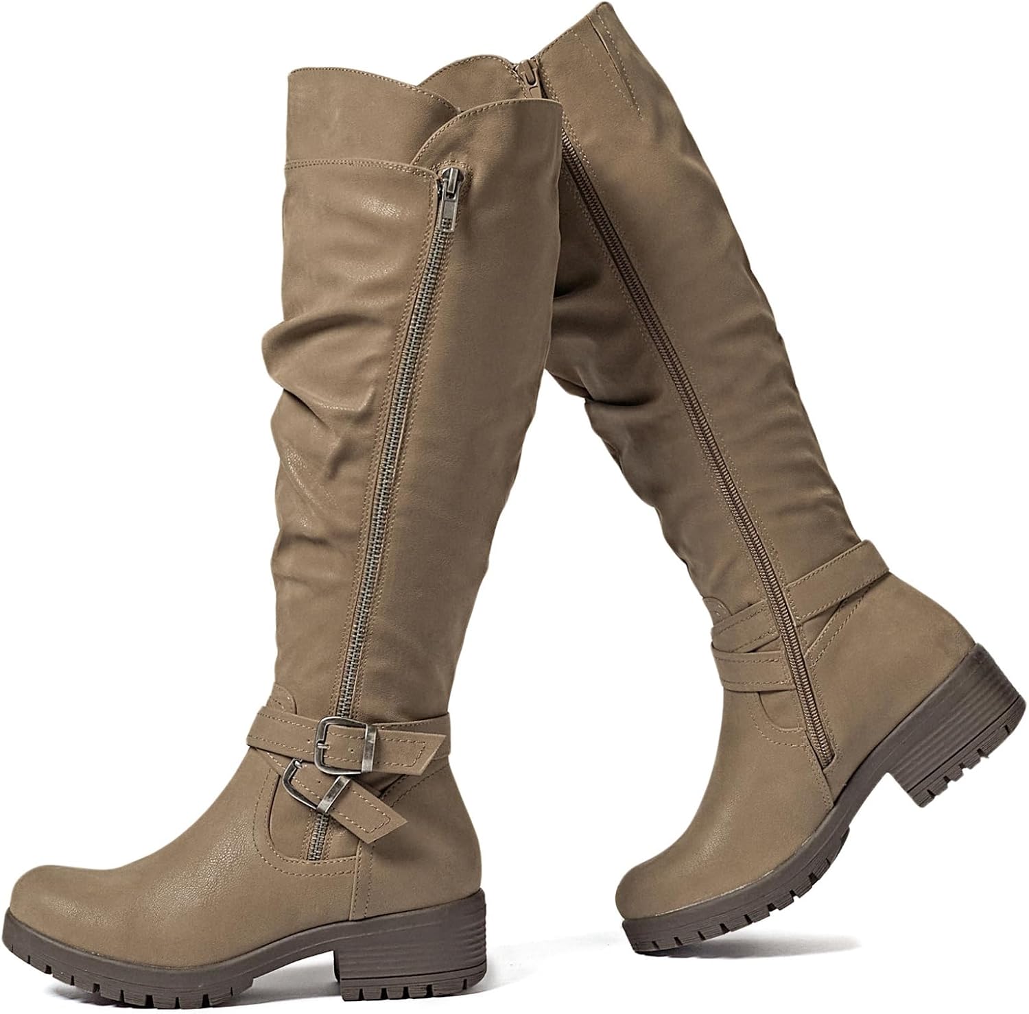 Women's Slouchy Knee High Boots Low Heel Comfort Round Toe Tall Calf Flat Riding Combat Boots for Women.