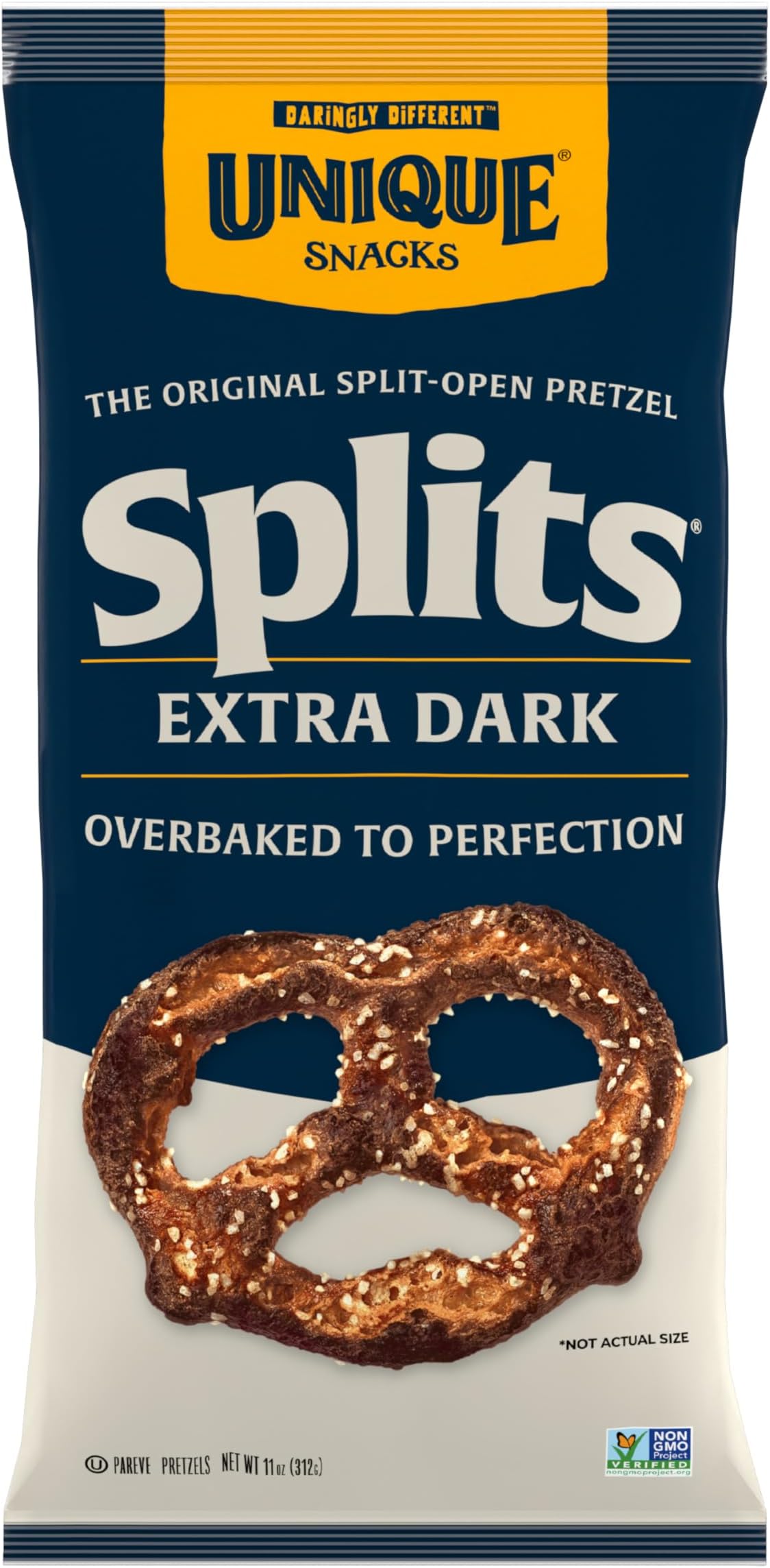 Unique Snacks Extra Dark Splits Pretzels, Original Split-Open Pretzels, Delicious Homestyle Baked Snack Bag, Vegan, OU Kosher, and Non-GMO Food, No Artificial Flavor, 11 Oz. Bag, Pack of 3