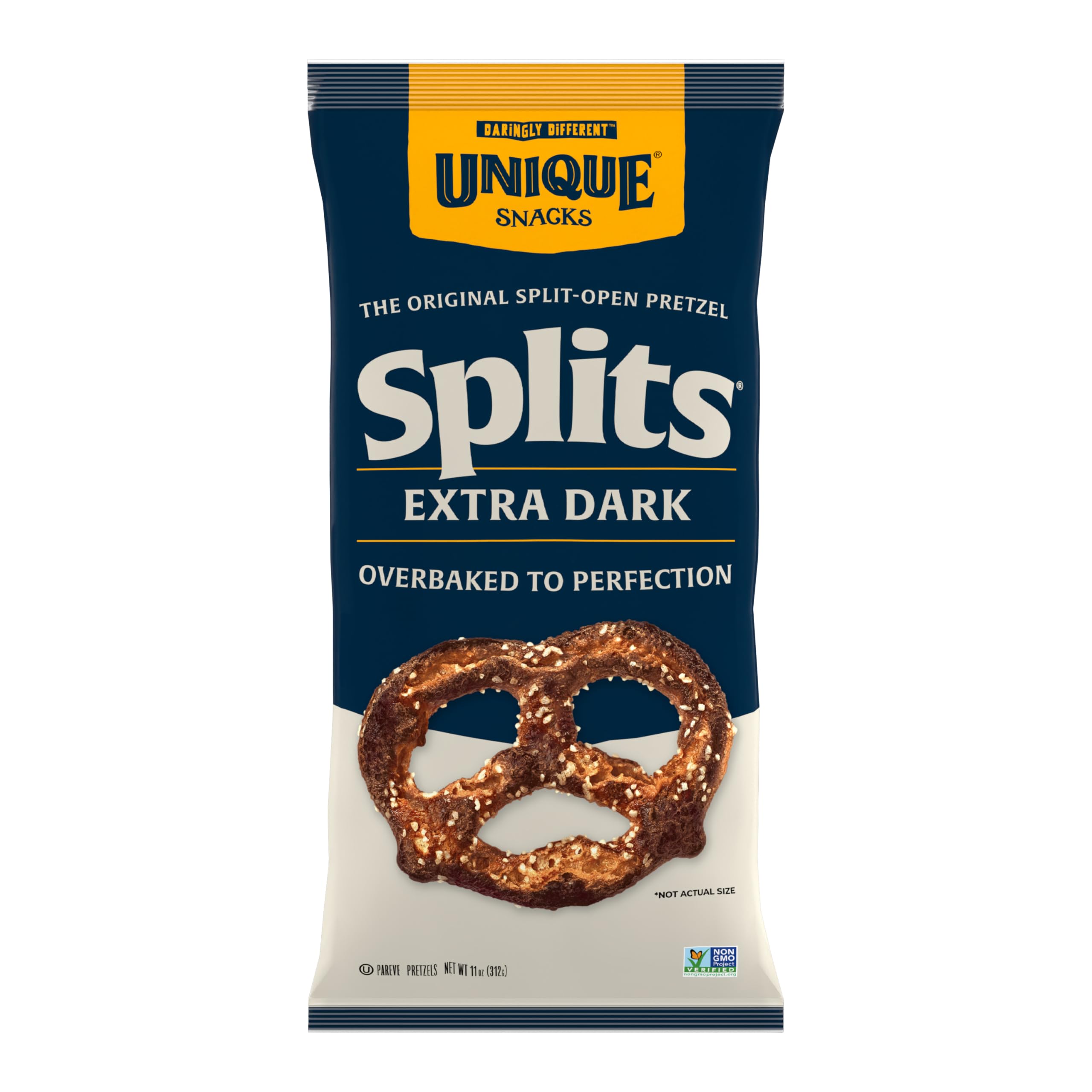 Unique Snacks Extra Dark Splits Pretzels, Original Split-Open Pretzels, Delicious Homestyle Baked Snack Bag, Vegan, OU Kosher, and Non-GMO Food, No Artificial Flavor, 11 Oz. Bag, Pack of 3