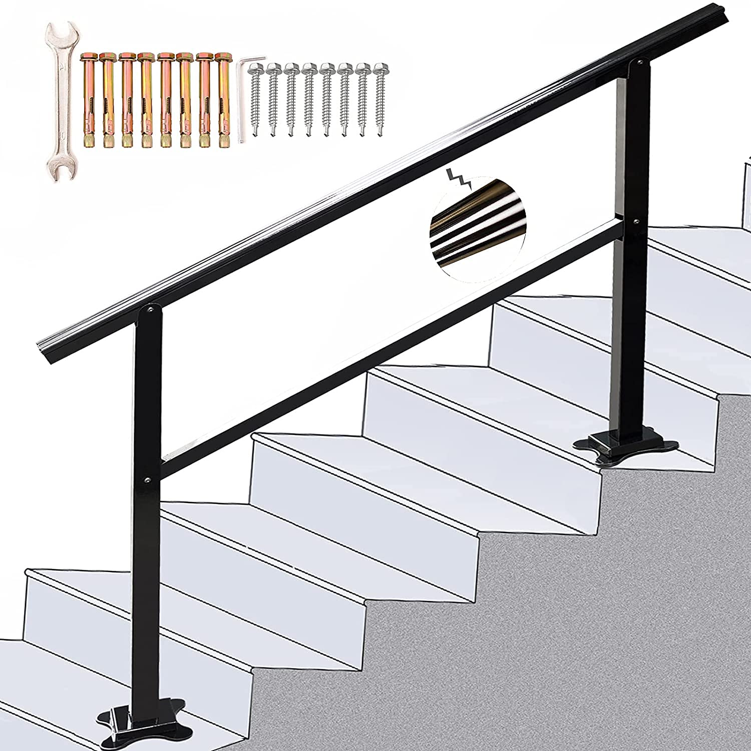 SPACEEUP 5ft Handrail,60"X35" Handrails for Outdoor Steps Fit 0 to 5 Steps Transitional Handrail with Installation Kit Handrail for Stairs Outdoor Aluminum Stair Railing,Mirror Black