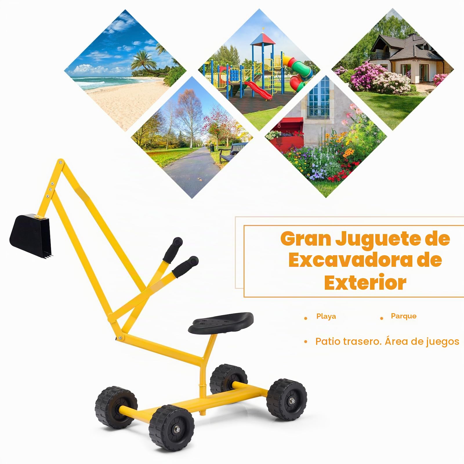 GOPLUS Juguete Pala de Arena para Niños, Juguete para Cavar Arena para la Playa Pala con Asiento Giratorio de 360 Grados, 2 Brazos y 4 Ruedas Antideslizantes para Niños de 4 a 12 Años