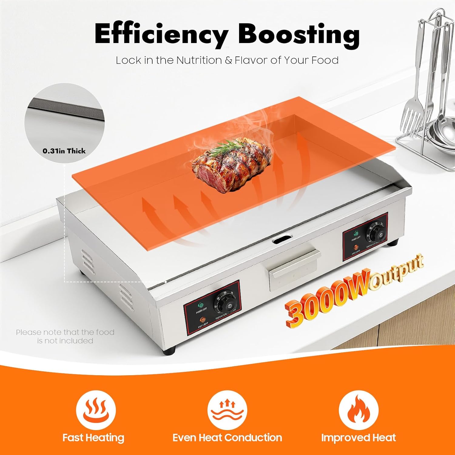 28.7 x 15.75 Inch Electric Countertop Flat Top Griddle, 3000W Commercial Cast Iron Griddle w/Adjustable Temp, Large Cooking Plate Cooker for Restaurant, Snack Bar & Home