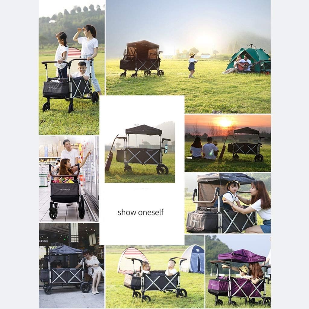 Folding Garden Trolley Cart with Canopy Heavy Duty Wagon Children's Luggage Cart Portable Shopping Cart for Outdoor Camping Push-Pull Cart, Load: 80kg