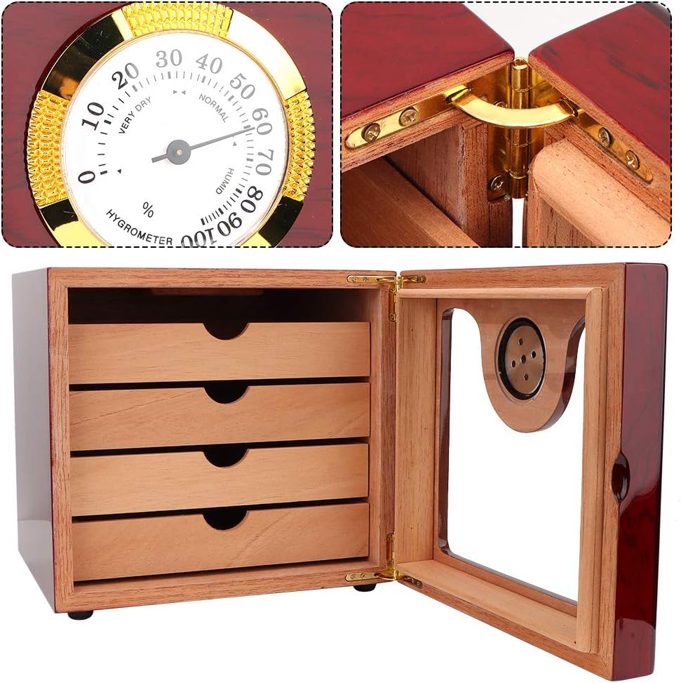 Large Capacity Cedar Wood 4 Drawer with Glass Screen Cigar Humidor Container Storage Case Cabinet Box with Humidifier Hygrometer for 100 Cigars , Cigar Humidor , Cigar Box Cigar Humidor Cigar Cabin