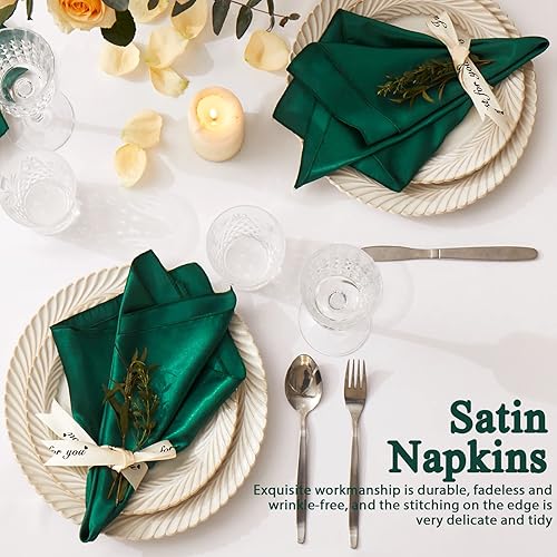 Miniatura 4 de Paquete de 12 servilletas de satén de 17 x 17 pulgadas, servilletas de boda sedosas verdes, lavables, juego de servilletas de lujo para mesa de