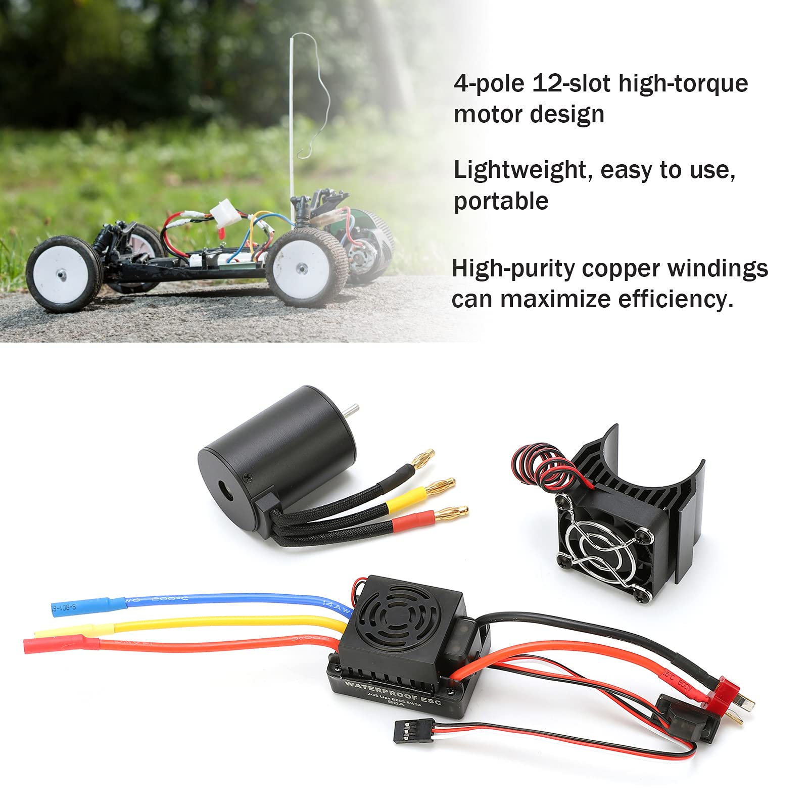 3650 3100KV Wasserdichter Brushless - Motor mit 4 Polen, 60A ESC und Kühlkörper - Set, für 1/10 RC - Auto, Aluminium - Kühlkörper, 900 W, 2–3S LiPo - kompatibel