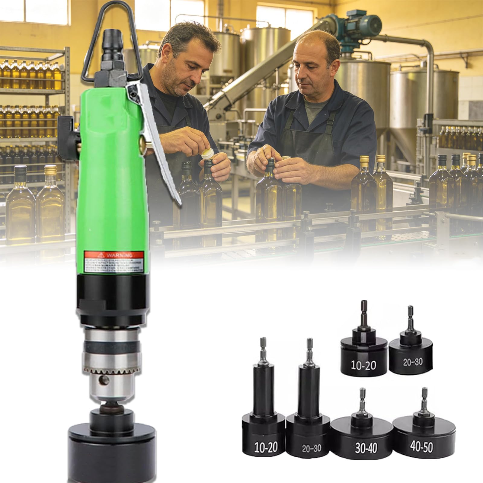 MiyKom Bottle Tightener Torque Sealing Tool for Various Caps, Handheld Bottle Sealer Machine with 6 Capping Heads, 2500 RPM Reversible Air Tightener for Leak-Proof Packaging, 4 CFM Air A