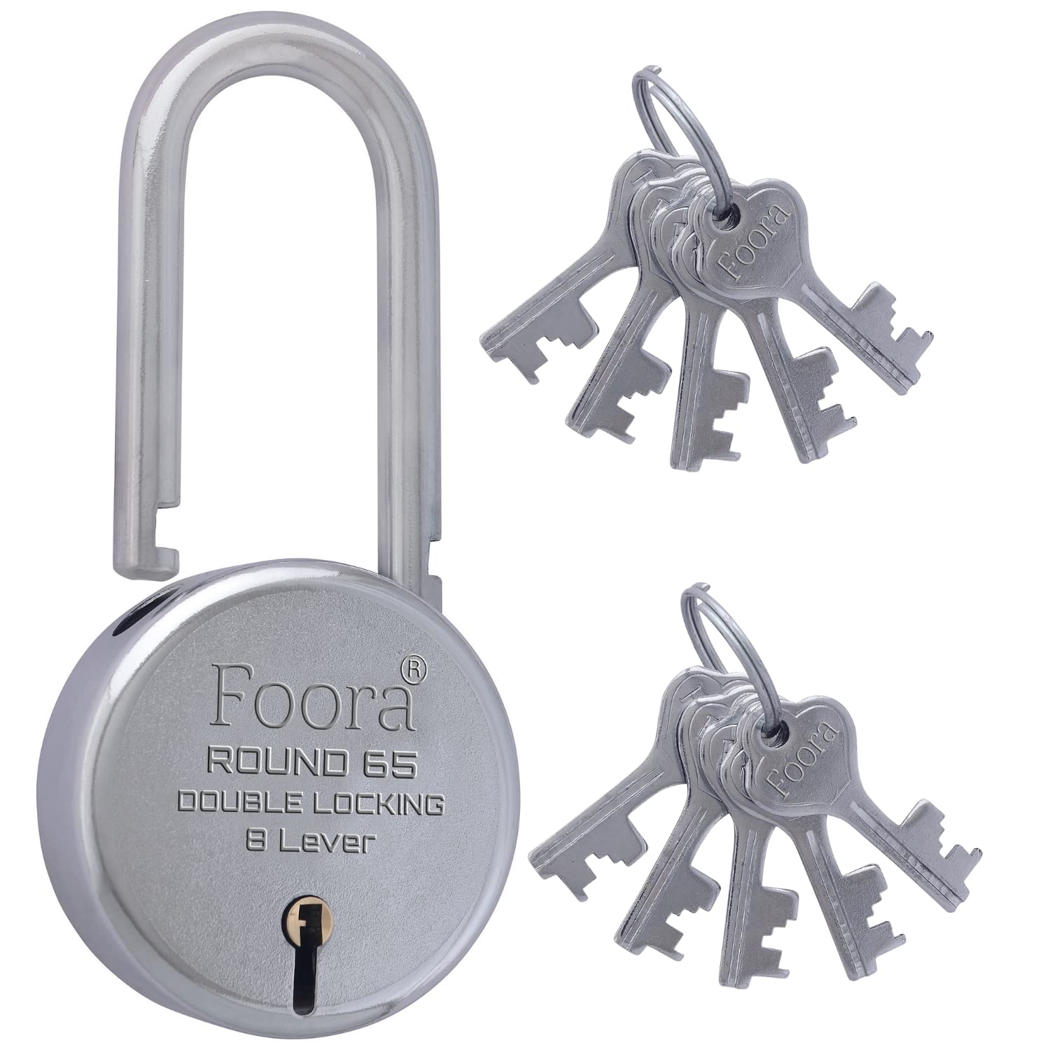 Foora New Round 65mm Lock and Keys | Long Shackle Padlock | Home Metal Body | Double Locking | 8 Steel Lever | 10 Silver Keys with Keychain | Silver Finsih | Made in India | Export in USA | Canada (B09C8B34M5) Amazon Price History, Amazon Price Tracker