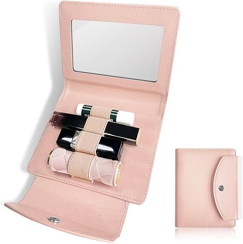 Miniatura 7 de LAOTANGJIA Estuche de lápiz labial de PU con espejo, con capacidad para 4 lápices labiales largos, organizador de maquillaje, estuche de viaje para
