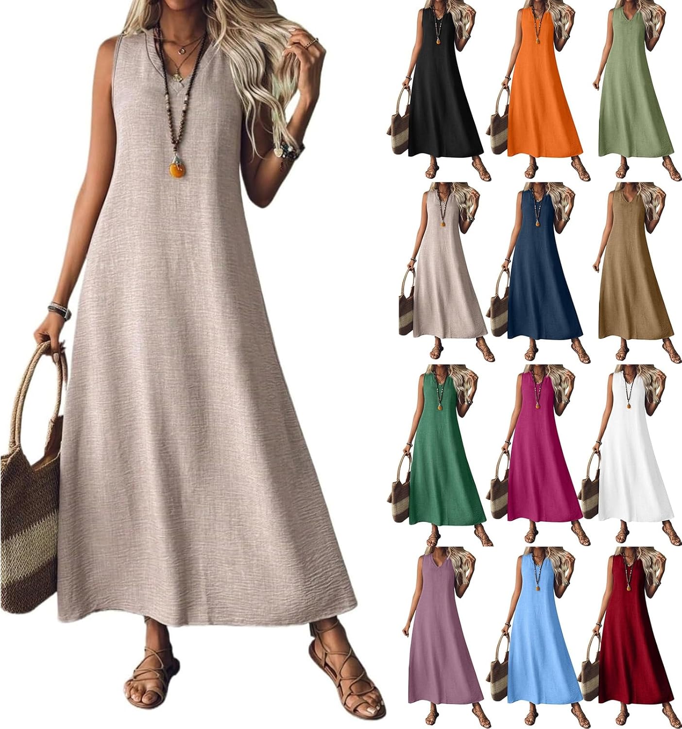 Women Long Dress Cotton Linen Sleeveless Boho Maxi Dresses Flowy Beach Tank Dress Lazy Stylish Loose Bodysuit