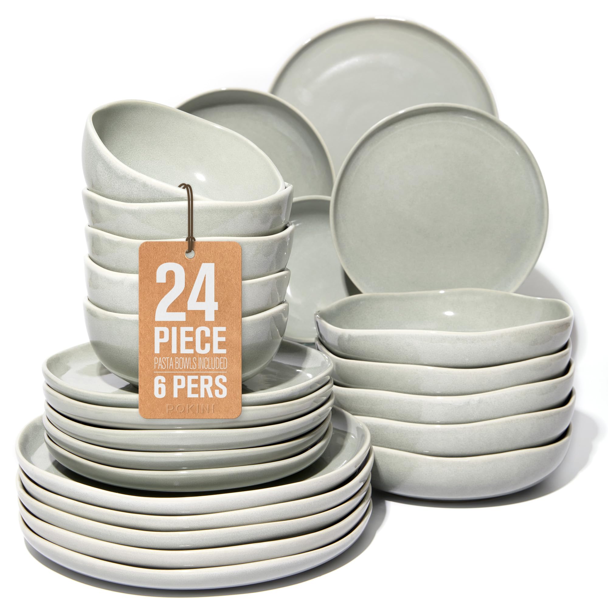 Pokini 24-Piece Stoneware Dinnerware Set Gray Green