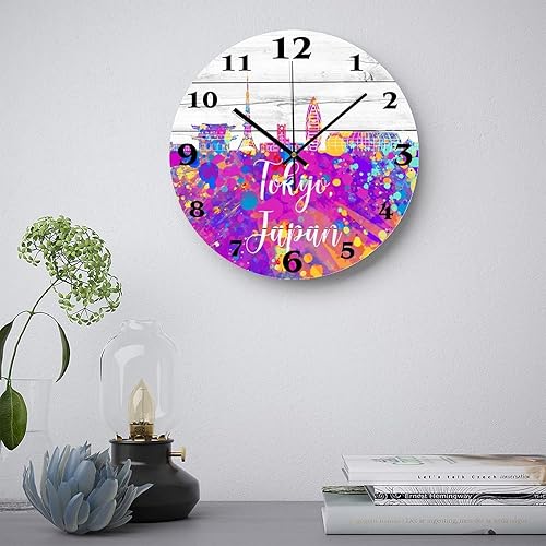 Miniatura 3 de Reloj de pared moderno de PVC para decoración de sala de estar, silueta de ciudad de Tokio, arco iris, acuarela, relojes de pared decorativos