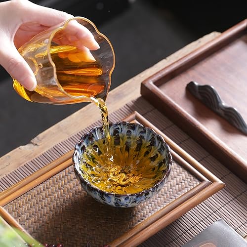 Miniatura 2 de Blue Tenmokus - Juego de 4 tazas de té Jianzhan de cerámica hechas a mano con decoraciones de loto 3D, dragón y fénix en la parte inferior, tazas de