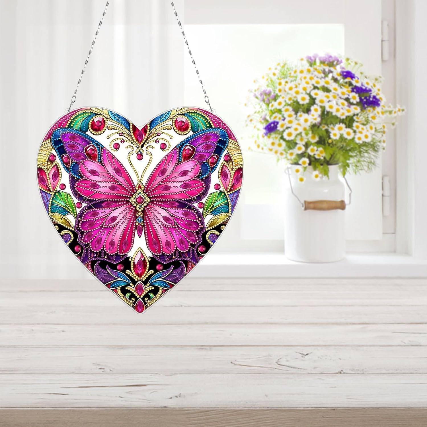 DIY Diamond Pendant Painting Wind Chime, DIY Heart Diamond Art Kits, Home Decoration Wind Chime Pendant for Indoor Outdoor (Double-Sided Pattern Single-Sided Diamond)-#07-2PC