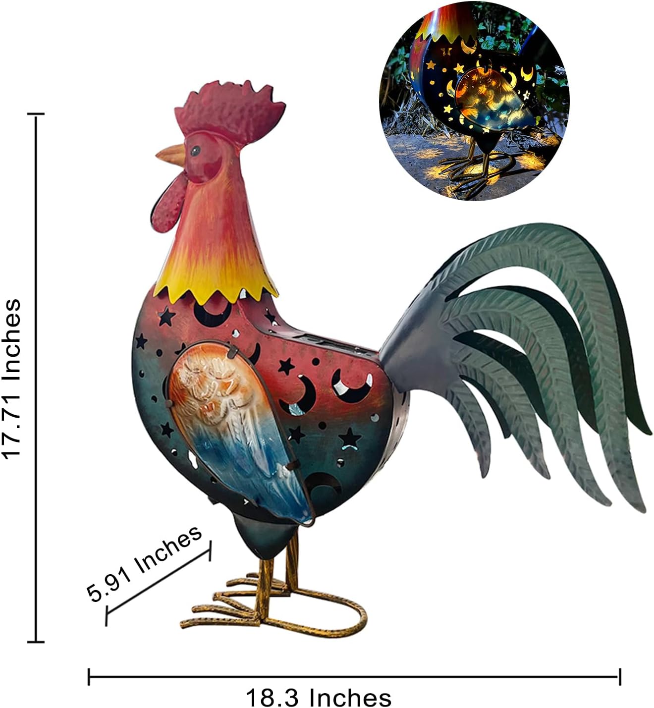 HONGLAND Metal Rooster Yard Decor,18" Solar Chicken Garden Statues Outdoor,Farm Animals Lawn Decorative Ornaments Outside for Home Patio Backyard Landscape