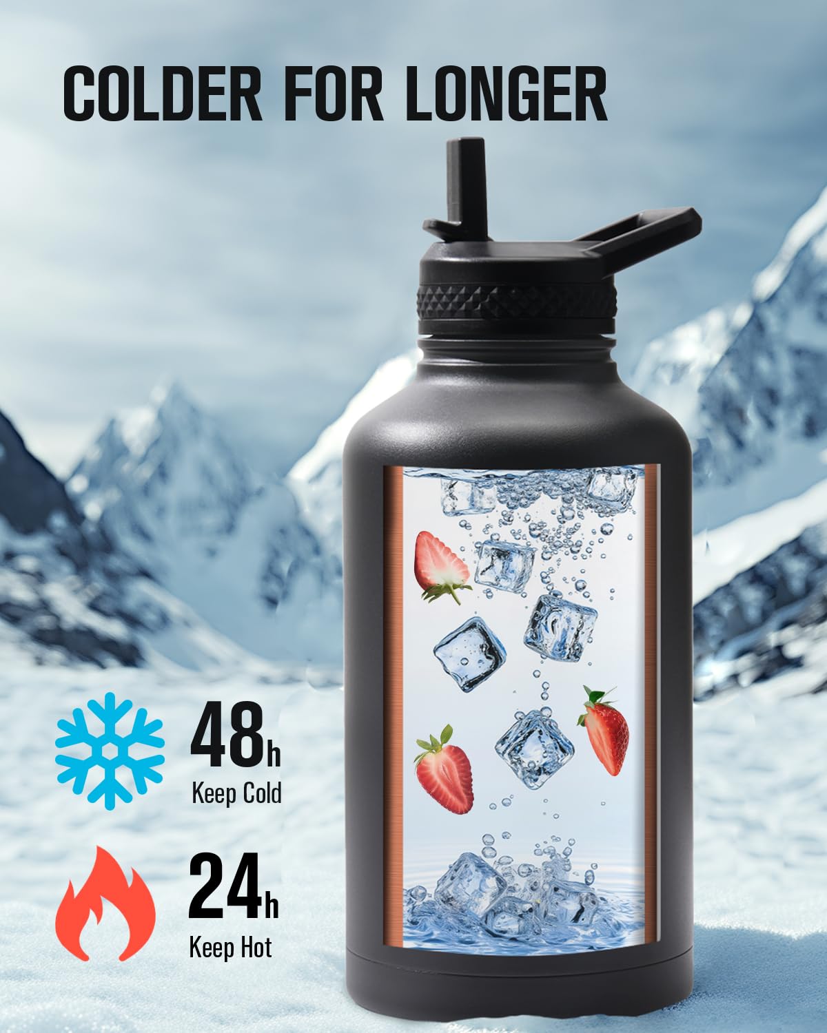 Coolplus Isolierflasche aus Edelstahl mit Strohhalm, doppelwandig, Vakuumflasche, mit Tragetasche, auslaufsicher, hält 48 Stunden kalt 24 Stunden heiß, Schwarz
