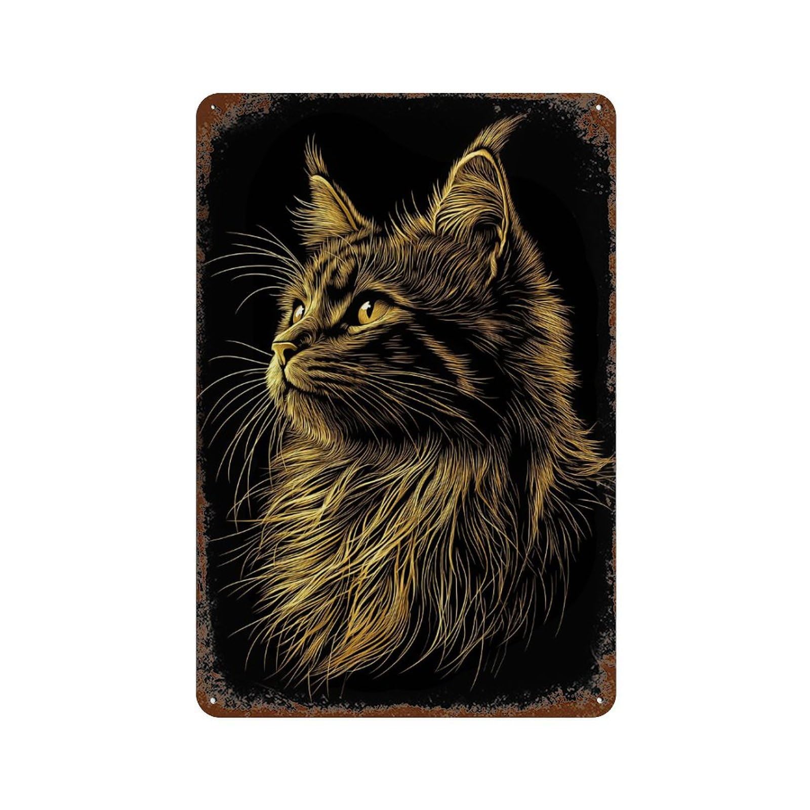 Weathered Tin Sign with Golden Maine Coon Cat Portrait Design 11.8"x7.9", for Shed, Workshop And Garage Wall Decor, Decorative Metal Wall Art