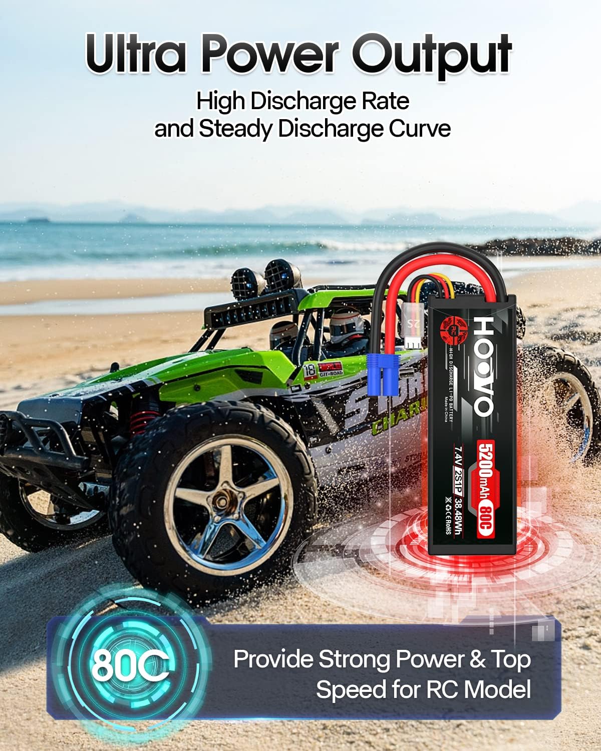 HOOVO 7.4V 80C 5200mAh 2S Lipo Battery Hard Case with EC5 Connector for RC Car Truck Truggy Buggy Tank RC Airplane Helicopter Boat Car Racing (2 Pack)