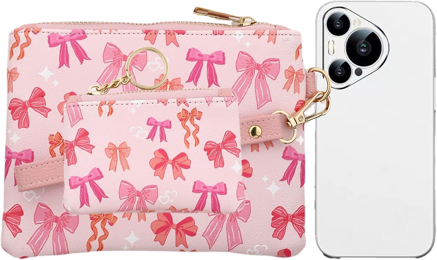 Flower Pattern Wristlet Wallets for Women Wrist Coin Purse with Zipper PU Leather Change Purse for Cash Key (Bow)