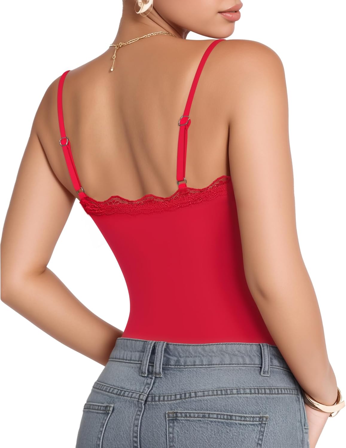 MANGOPOP Women's Cami Thong Bodysuit Double Lined Square Neck Backless Body Suit Adjustable Spaghetti Strap Tank Tops - Image 4