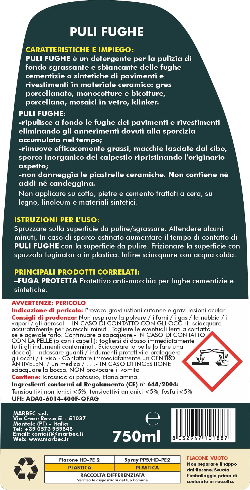 MARBEC PULI FUGHE 750ML Detergente smacchiatore per fughe