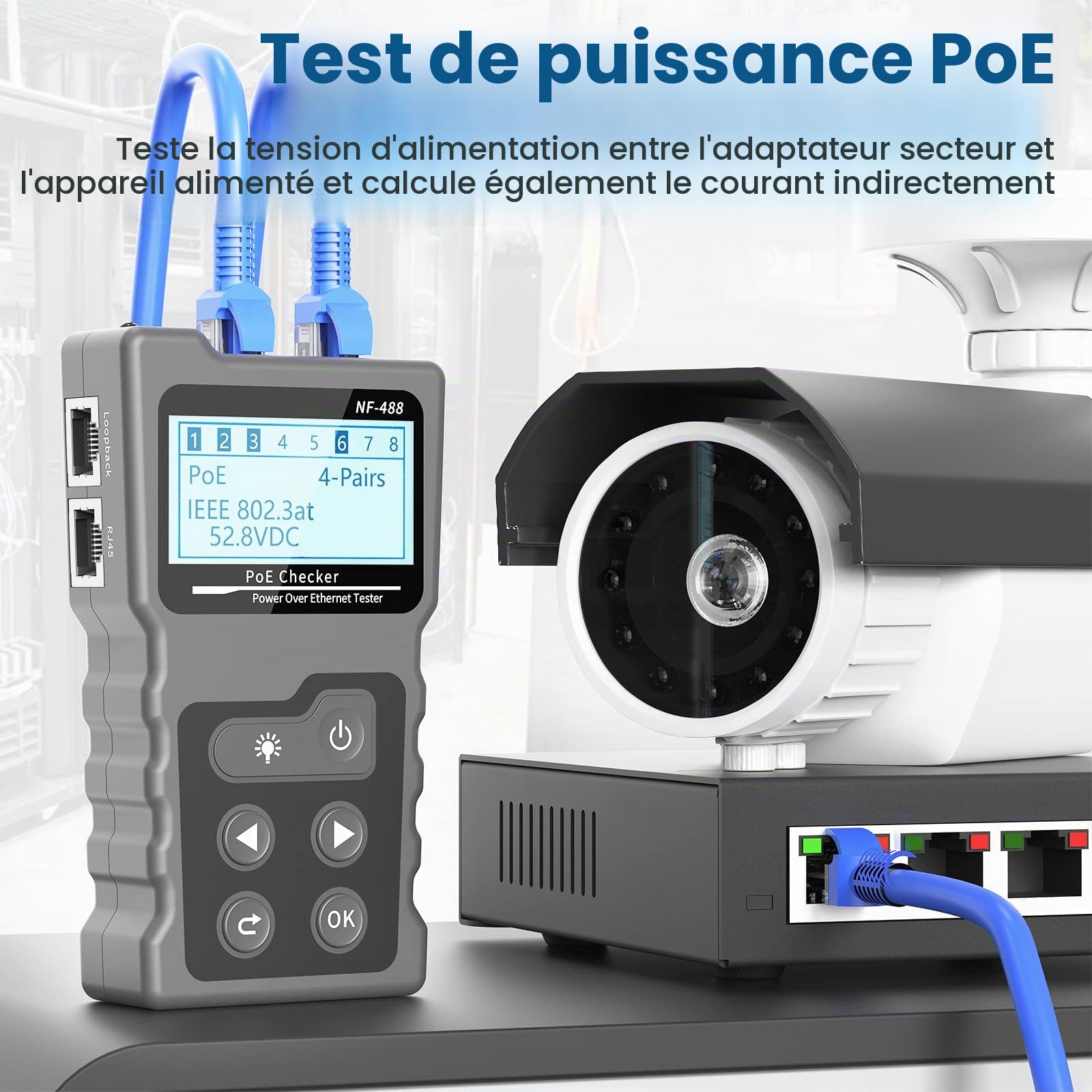 NF-488 Testeur de Réseau RJ45, Pour Vérifier L'état de Court-Circuit, Transversal & D'interruption des Câbles Réseau Cat5/Cat6, Test de Tension & de Courant，Testeur de Câble Réseau avec Fonction POE