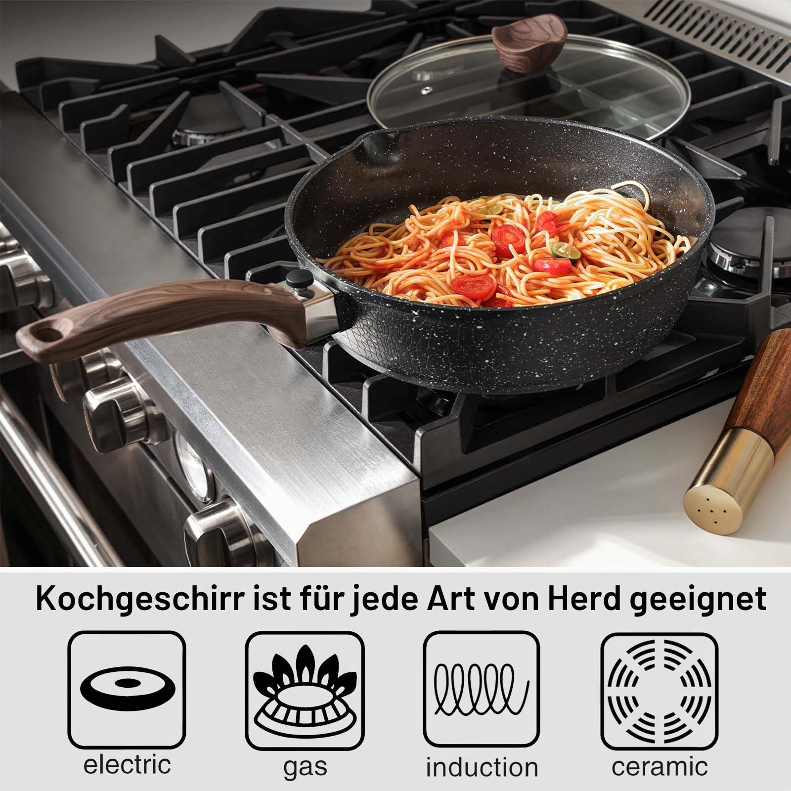Kordisen Antihaft-Bratpfanne mit Deckel, 28 cm Induktion Sautepfanne mit Abnehmbarem Holzgriff, Granitsteinbeschichtung zum Kochen, Kompatibel für alle Herdarten, PFOA-frei